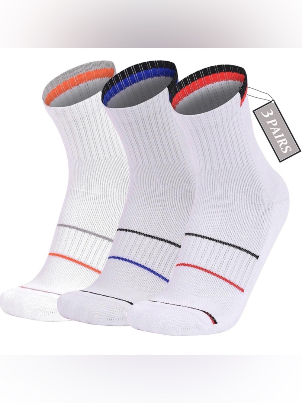 White Athletic Crew Socks with Colored Accents - 3 Pack